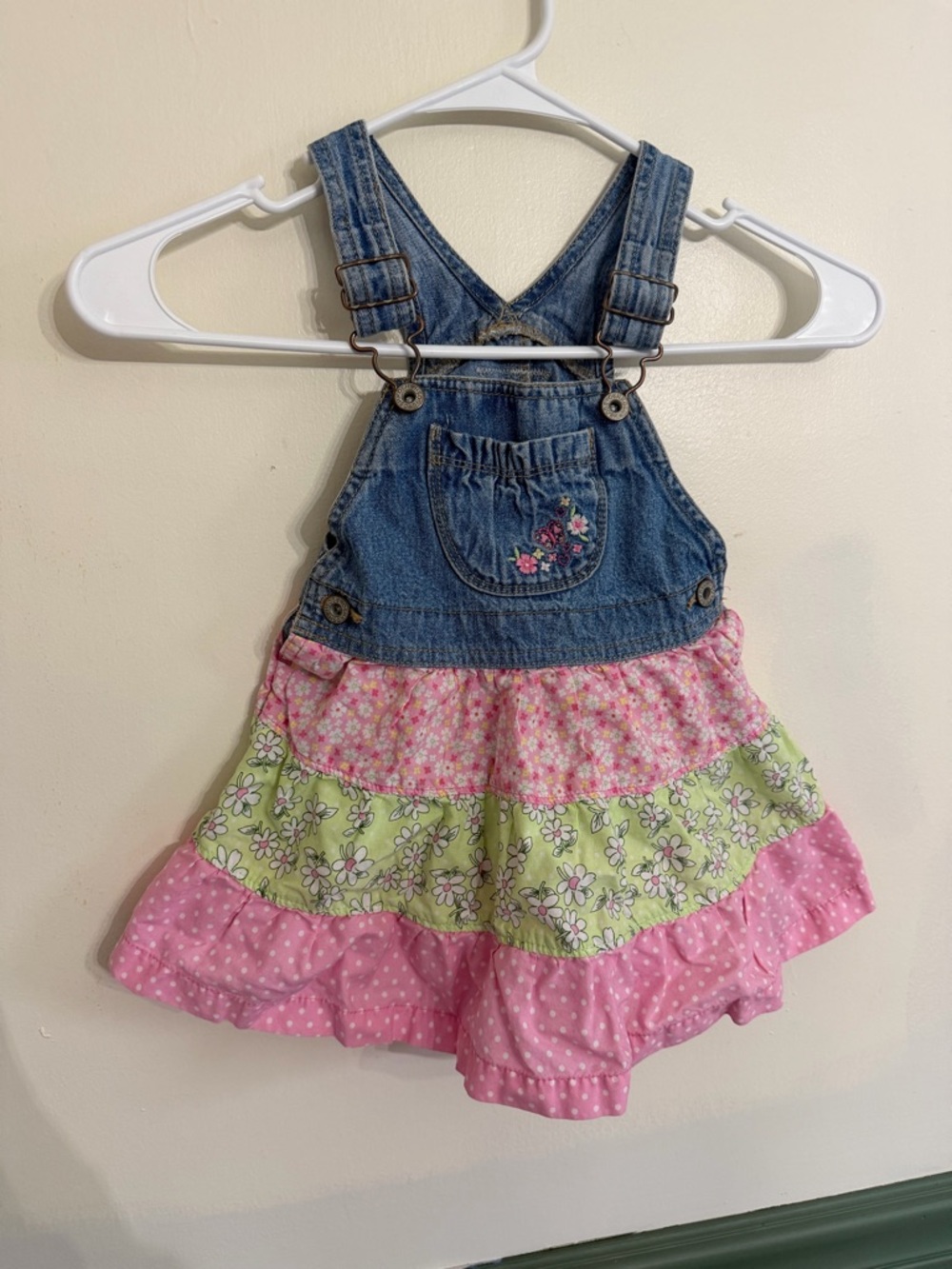 OshKosh B'gosh Denim Overall Dress with Pink & Green Floral Tiers